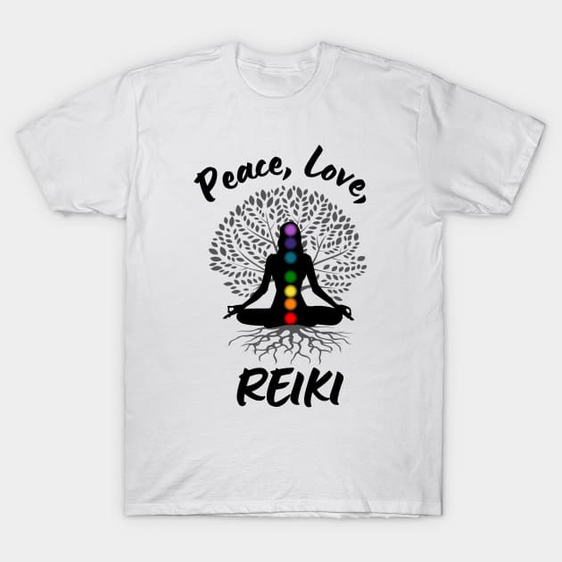 Peace, Love, Reiki - black lettering T-Shirt by Steve's Reiki Shop